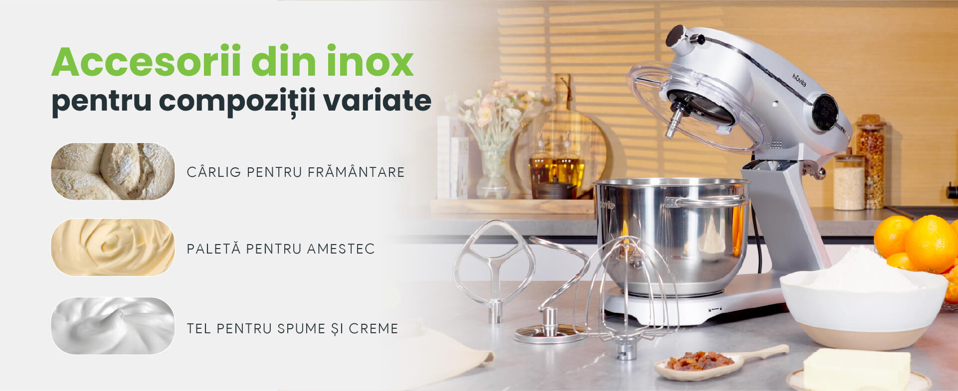 Mixer cu bol de 6 L din inox, 1800 W, 2 kg aluat, carcasă aluminiu, 10 viteze, timer, 3 accesorii inox, MB-1800-NOVA, argintiu - 1